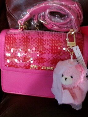 Adorable NWT Pink Betsey Johnson Sequin Top Satchel Crossbody with Bear
